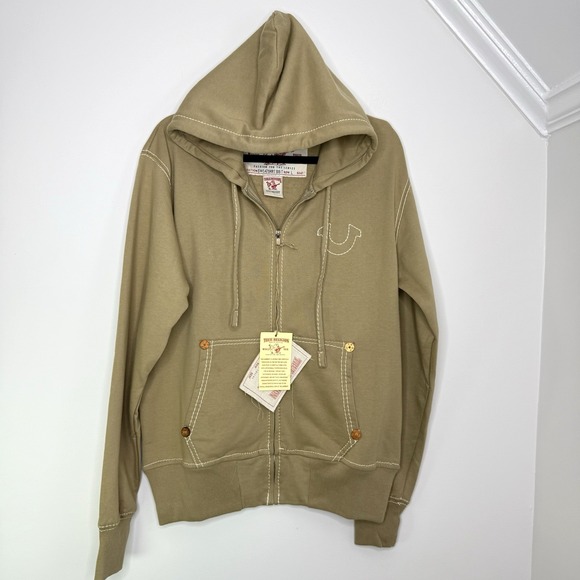True Religion Hoodie Men's L Big T Zip Sweatshirt Khaki Beige Stitch Logo NWT - Picture 1 of 11